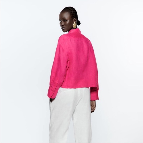 Zara Magenta Fuchsia Cropped Boxy Button Down Linen Shirt - Picture 10 of 12